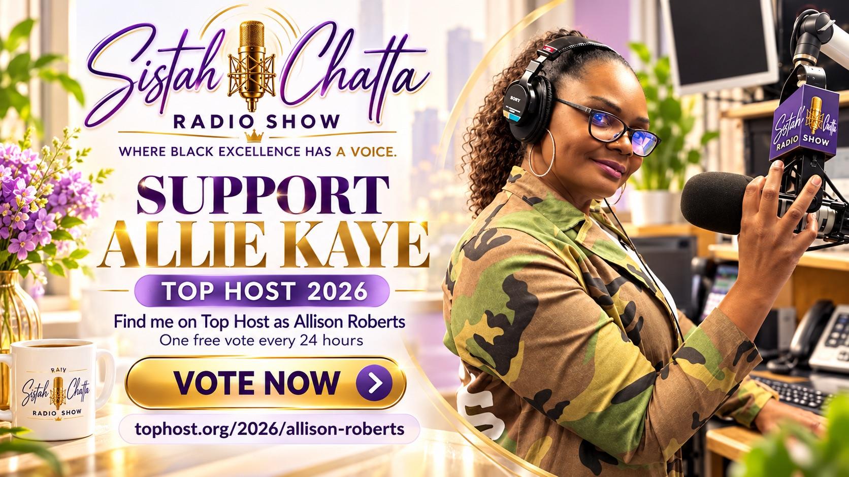 Support Allie Kaye - Top Host 2026. Vote for Allison Roberts.